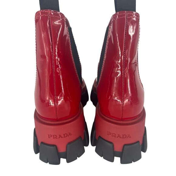 Prada Patent Leather Monolith Booties in Rosso Red - Picture 11 of 16